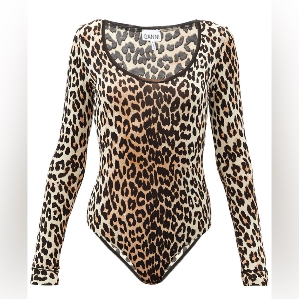 Ganni Leopard-Print Long Sleeve Bodysuit in Beige and Black